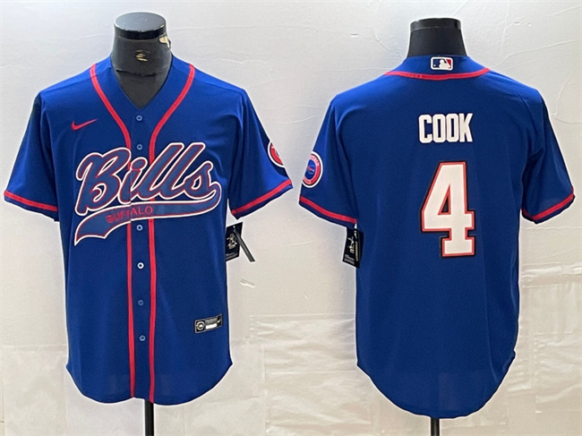 Men's Buffalo Bills #4 James Cook Blue With Patch Cool Base Stitched Baseball Jersey - Click Image to Close